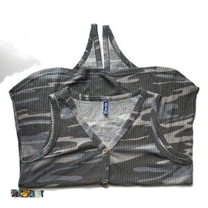 Iwollence Women's L Sleeveless Waffle Knit Tunic Grey/Blue Camo V-Neck Button Do